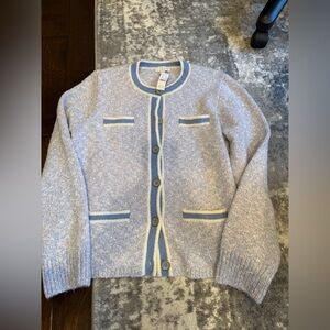 NWT J. Crew Lavender Button-Front Cardigan with Blue & Cream Trim